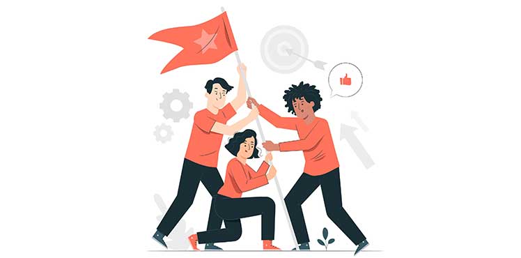 A team of people trying to lift a flag