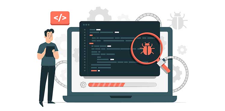 Laptop with code opened and a magnifying glass finding `bugs`